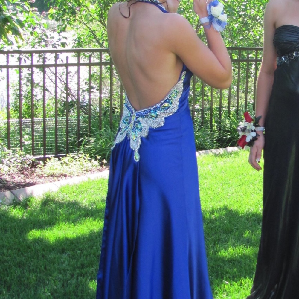 Satin Blue Prom Dress with Butterfly Design